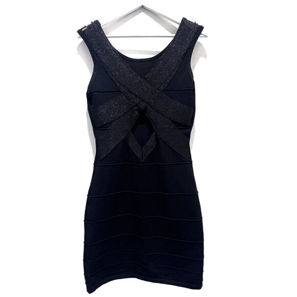 Y2K 2b Bebe Black Metallic Gold Sequin Bandage Sleeveless Cutout Back Slip - Picture 9 of 14